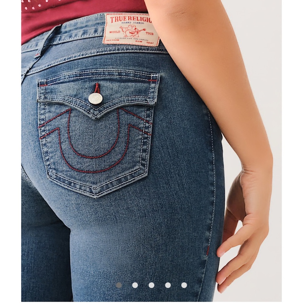 True Religion Women's Medium Bonechill Wash Jeans with Red Stitching